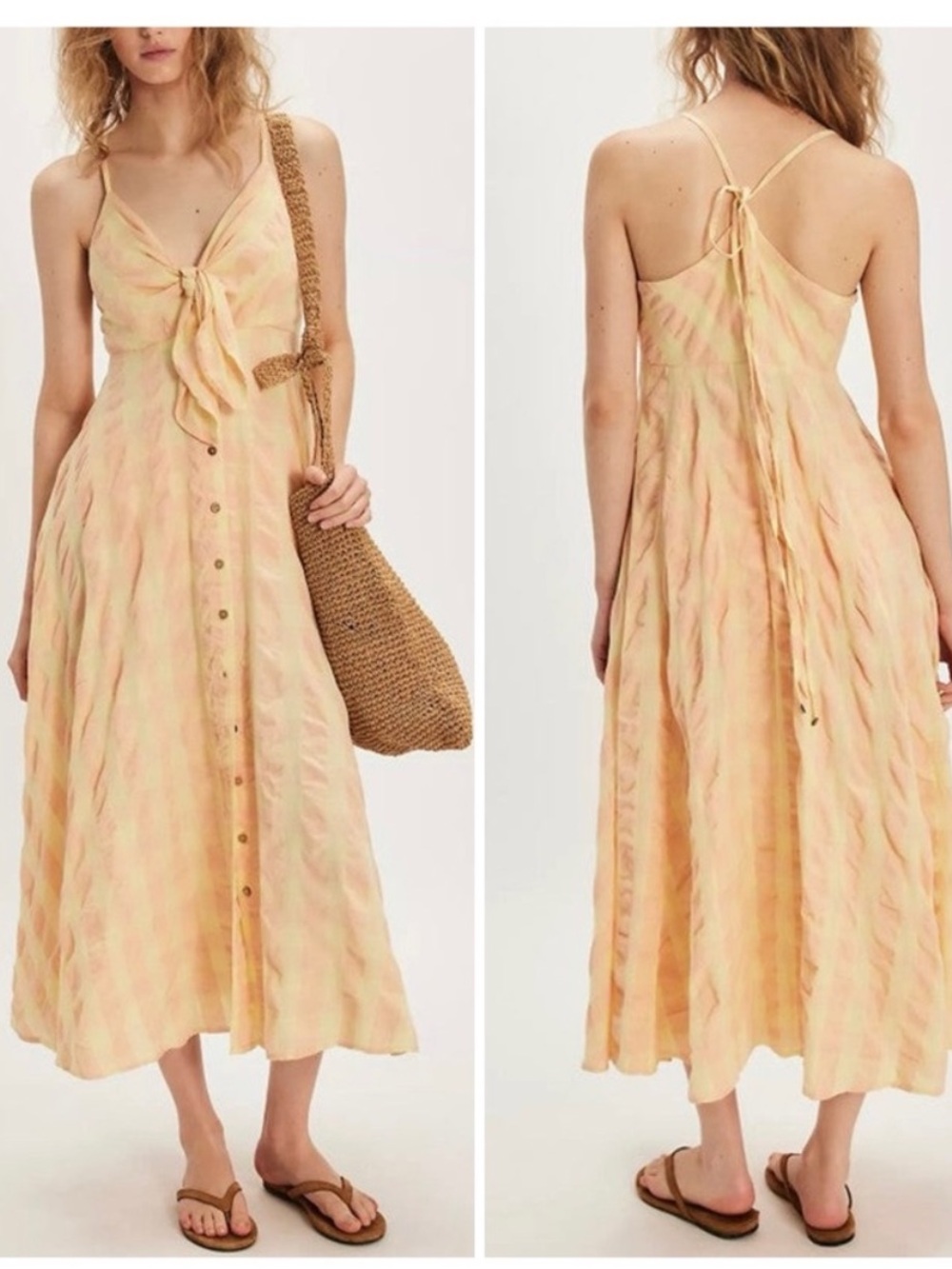 NWT Free People Via Midi Dress - Creamsicle combo pink yellow, size S
